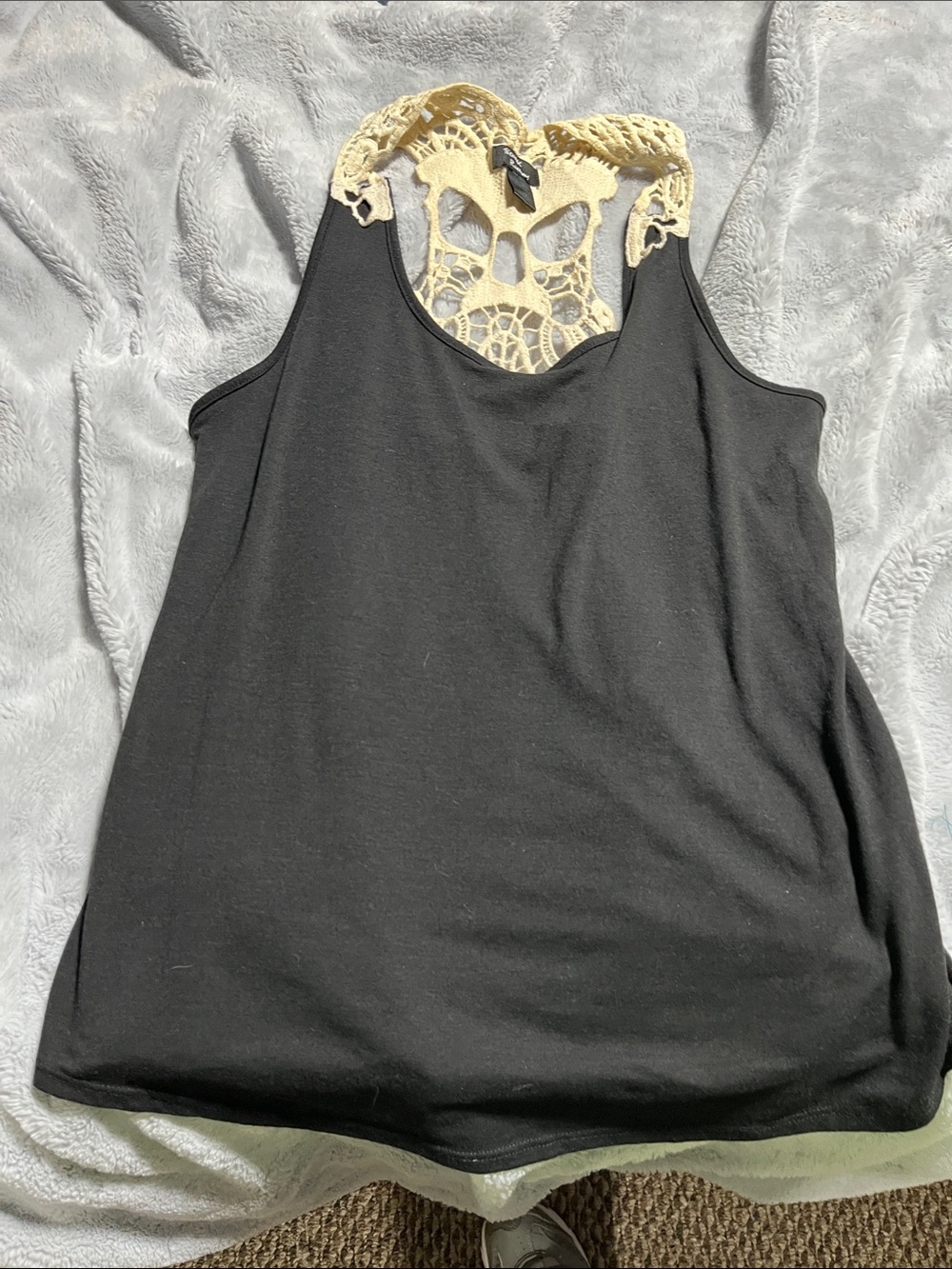 Women's Black Tank Top with Cream Lace SKULL 💀 Back